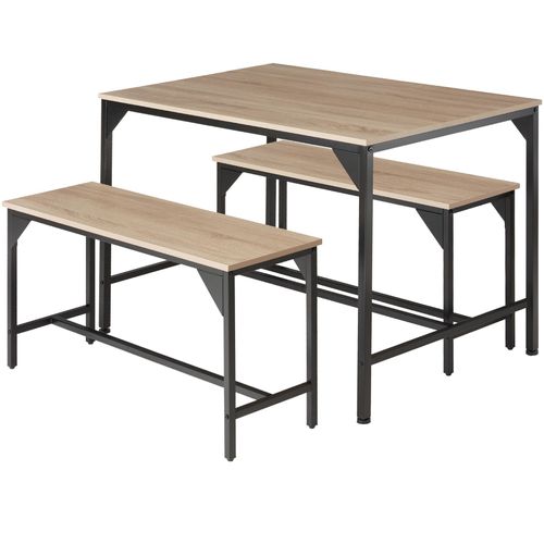 Ensemble De Salle À Manger Bolton 1 Table + 2 Bancs Style Vintage - Bois Clair Industriel