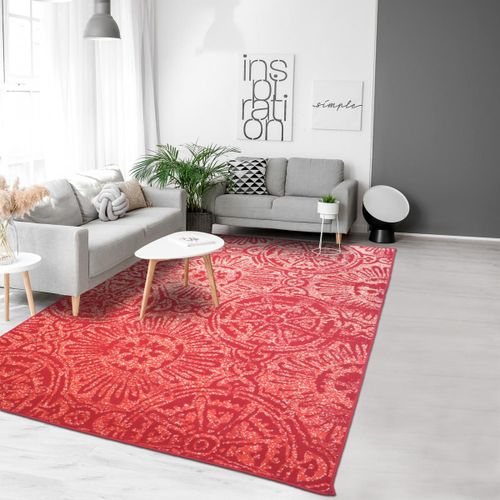 Tapis Chambre 120x170 Tissé Rouge Et Beige Rectangle Motif Rétro-Vintage