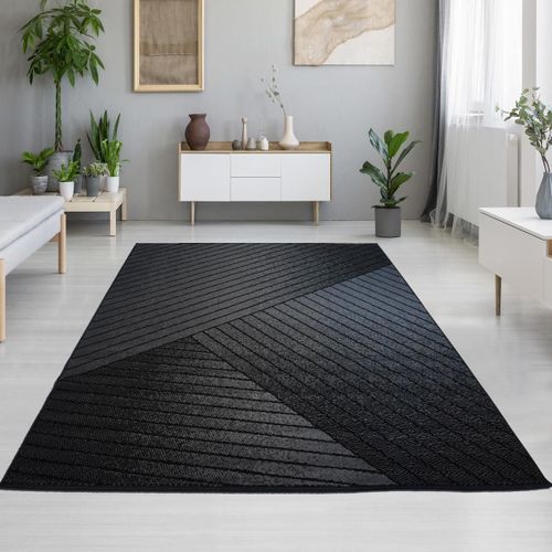 Tapis Salon 160x225 Tissé Noir Et Gris Rectangle Motif Géométrique Lyn1 Heddal