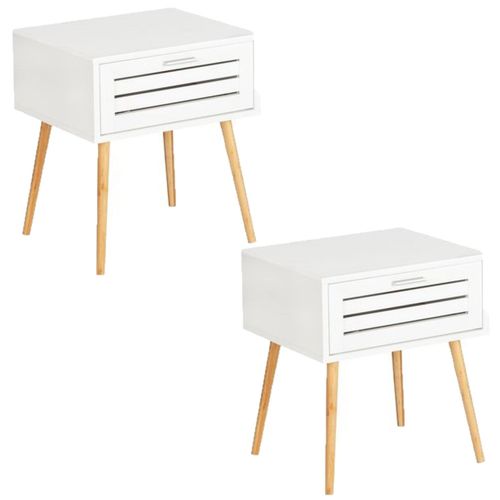 Lot De 2 Tables De Chevet Finja Avec 1 Tiroir En Bambou Et Mdf - Blanc Et Bois