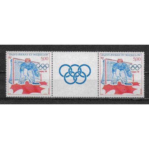 Saint-Pierre-Et-Miquelon 1988 : Jeux Olympiques D'hiver À Calgary (Canada) : Gardien De But De Hockey Sur Glace : La Paire Avec Vignette Centrale Neuve **