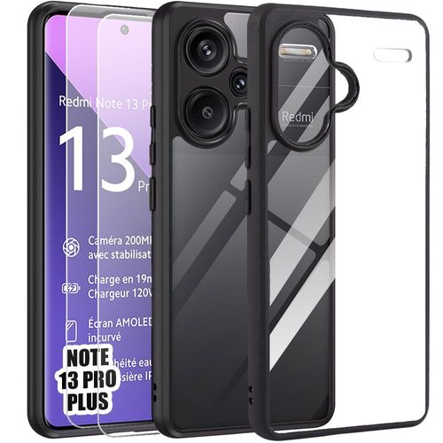 Coque + 2 Verres Trempés Pour Xiaomi Redmi Note 13 Pro+ 5g / Note 13 Pro Plus 5g, Dos Rigide Transparent + Silicone Souple Noir - E.F.Connection