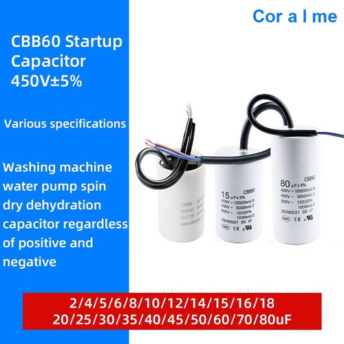 condensateur de démarrage pour moteur 5% v ac, 2/4/5/6/8/10/12/14/15/16/18/20/25/30/40/45 machine à laver 70/80UF