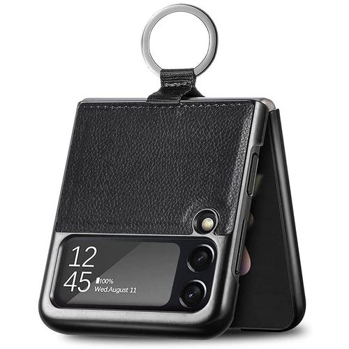 Coque Pour Samsung Galaxy Z Flip 3 5g (Z Flip3 5g), Finition Premium Cuir Très Mince Antichoc Résistant Aux Rayures Case, Tpu/Pc Mode Housse Étui Avec Ruban Et 360 Degrés Bague - Noir