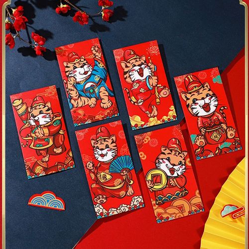 Enveloppe Rouge Du Festival Du Printemps Chinois 2022, Joli Paquet Porte-Bonheur Rouge Pour L'année Du Tigre, Cadeaux Pour Enfants, Motif Aléatoire 6 Pièces/Sac