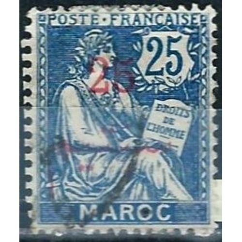 Maroc, Bureaux Français 1911 / 17, Beau Timbre Yvert 32, Type Mouchon 25c. Bleu Libellé Maroc" Surchargé "25" En Bilingue, Oblitéré, Tbe.