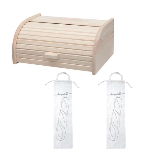 Fackelmann 9926750 Set De 3 Ustensiles Pour Le Pain Avec Huche À Pain Et 2 Sacs De Conservation Pour Le Pain, Boite À Pain, Sac En Coton Pour Baguette, Coton, Blanc, Bois De Pin, 40 X 28 Cm
