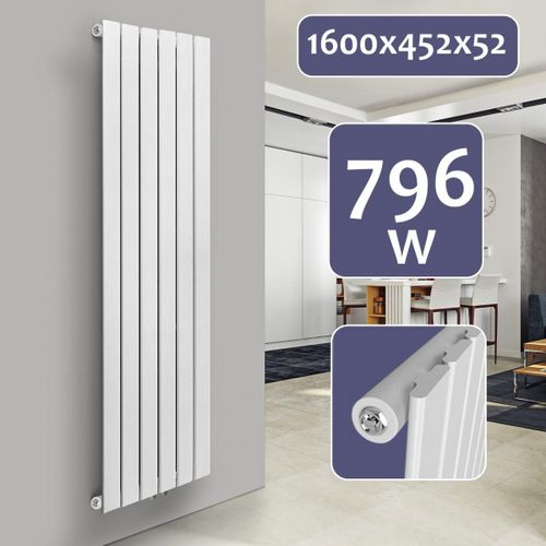 Aquamarin® Radiateur Vertical - à Panneau Plat Simple, 1600 x 452 x 52 mm, Acier, Blanc - Chauffage Centrale pour Salle de Bain