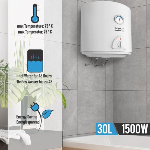 Aquamarin® Chauffe-Eau Électrique - Réservoir avec Capacité de 30 Litres, Puissance 1500W, Thermostat à 75° C - Ballon d'Eau Chaude, Chaudière Électrique