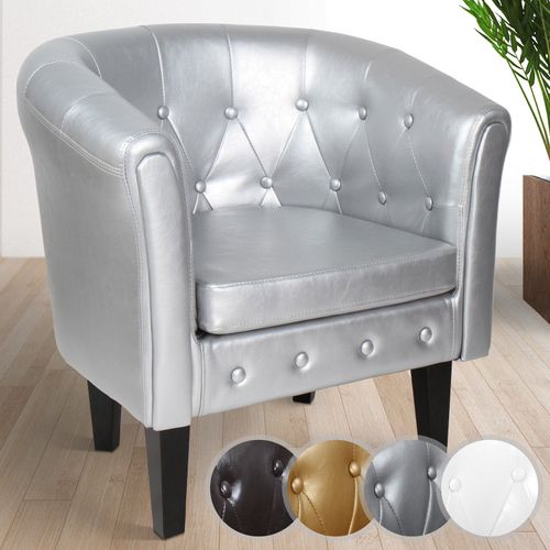 Miadomodo® Fauteuil Chesterfield - En Simili Cuir Et Bois, Avec Éléments Décoratifs Touffetés, Argenté - Chaise, Cabriolet, Meuble De Salon