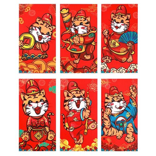 Enveloppe Rouge Du Festival Du Printemps Chinois 2022, Joli Paquet Porte-Bonheur Rouge Pour L'année Du Tigre, Cadeaux Pour Enfants, Motif Aléatoire 6 Pièces/Sac