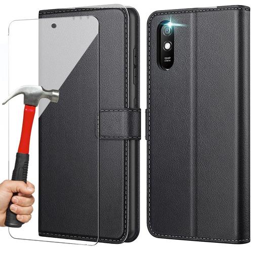 Coque Redmi 9a (6,53'') Avec Verre Trempe Inclu Effet Cuir Noir Protection Renforcee Fermeture Magnetique Anti Choc