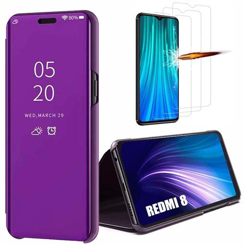 Coque Redmi 8(6,21'') Verre Trempe Inclu Effet Miroir Fenetre Tanslucide Haute Performance Protection Renforcee Violet