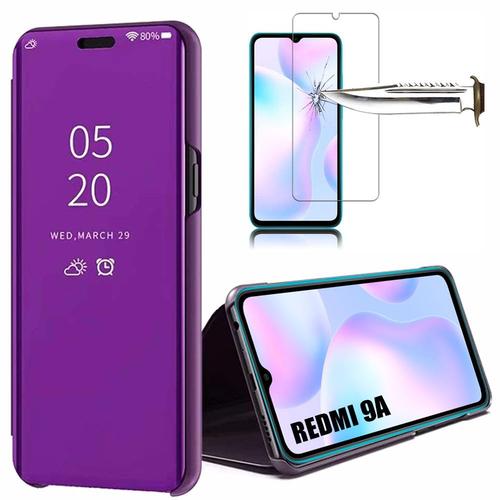 Coque Redmi 9a(6,53'') Avec Verre Trempe Effet Miroir Bordure Renforcee Design Elegant Protection Renforcee Violet