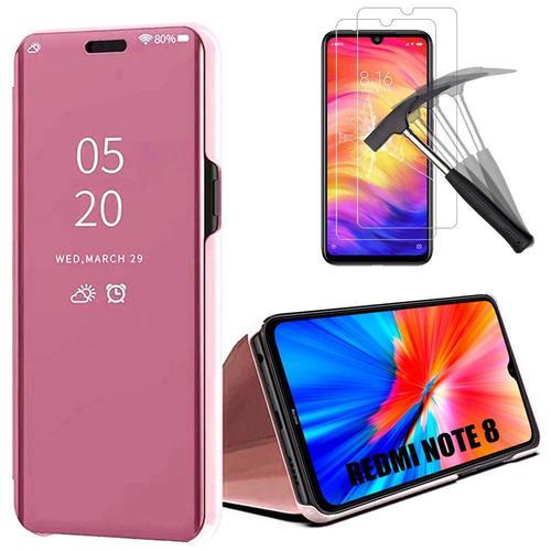 Coque Redmi Note 8(6,3'') Avec Verre Trempe Effet Miroir Fenetre Tanslucide Solide Protection Renforcee Rose