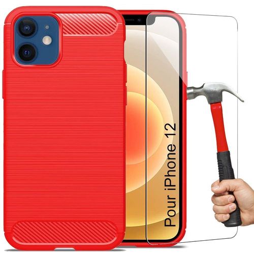 Coque Iphone 12 (6.1"") Lot De 2 Verres Trempés Effet Carbone Élégante Anti Choc Noir