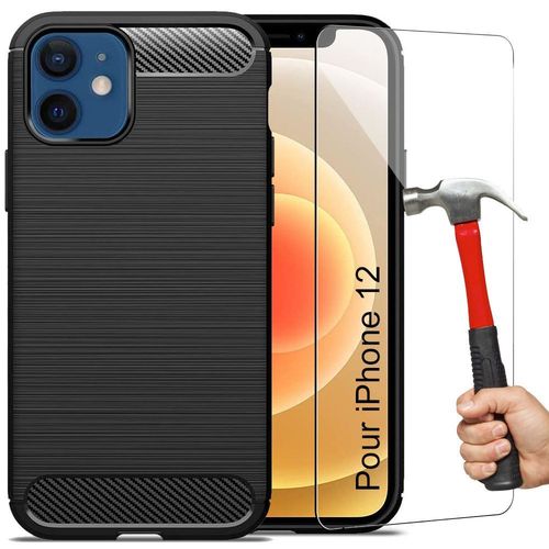Coque Iphone 12 (6.1"") + 2 Verres Trempés Fibre Carbonique Souple Dos Protection Rouge