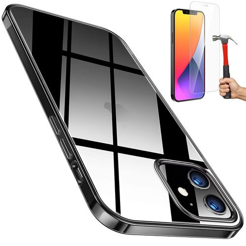 Coque Iphone 12 (6.1"") Lot De 2 Verres Trempés Bordure Chromé En Silicone Résistance Anti Choc Noir