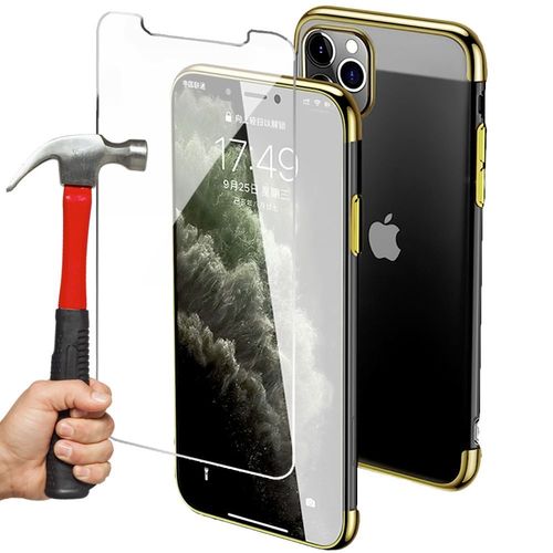 Coque Iphone 12 Pro Max (6.7"") Lot De 2 Verres Trempés Bordure Chromé En Silicone Résistance Anti Choc Doré