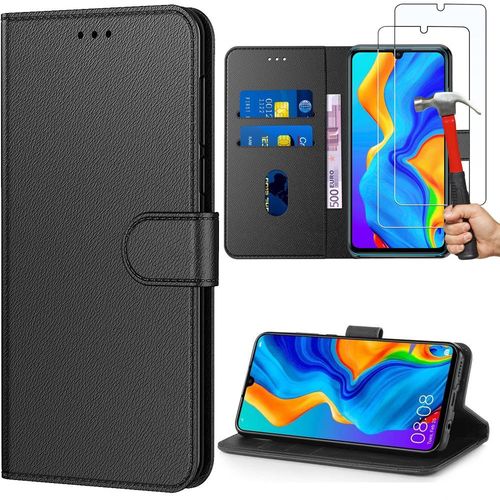 Coque Huawei P30 (6.1"") + 2 Verres Trempés Effet Cuir Antichoc Intégral Portefeuille Noir