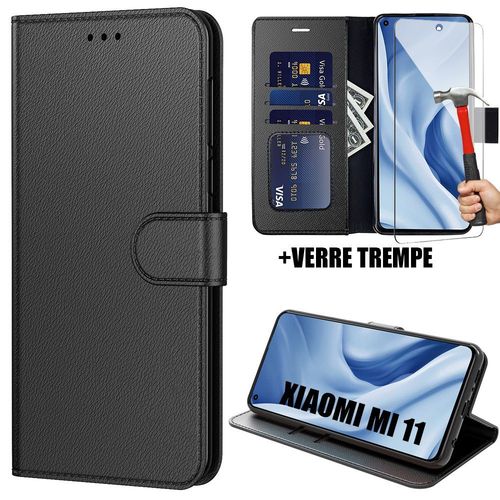 Coque Xiaomi Mi 11 (6.81"") Lot De 2 Verres Trempés Portefeuille Noir Anti Rayure Stable Élégante Noir