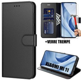 Coque Xiaomi Mi 11 (6.81"") Lot De 2 Verres Trempés Portefeuille Noir Anti Rayure Stable Élégante Noir