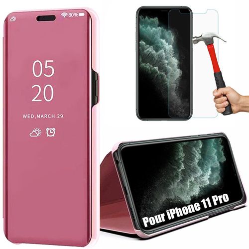 Coque Iphone 11 Pro (5.8"") Pack 2 Verres Trempés Face Effet Mirroir Rigide Souple Stable Rose