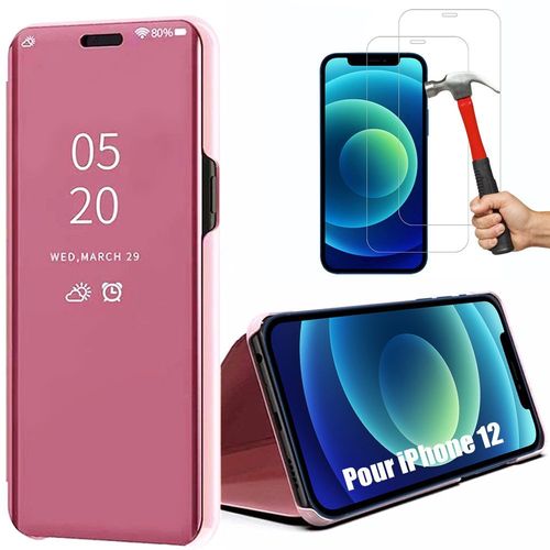 Coque Iphone 12 (6.1"") Pack 2 Verres Trempés Face Effet Mirroir Rigide Souple Stable Rose