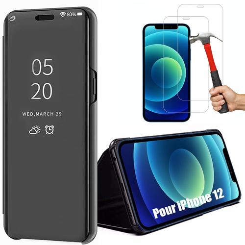 Coque Iphone 12 (6.1"") Avec 2 Verres Trempés Protection Intégrale Effet Mirroir Smart Case Noir