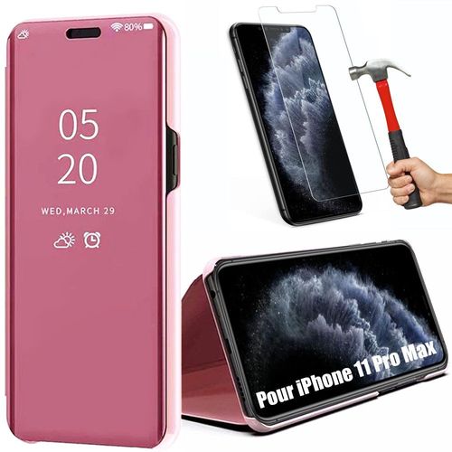 Coque Iphone 11 Pro Max (6.5"") Pack 2 Verres Trempés Face Effet Mirroir Rigide Souple Stable Rose