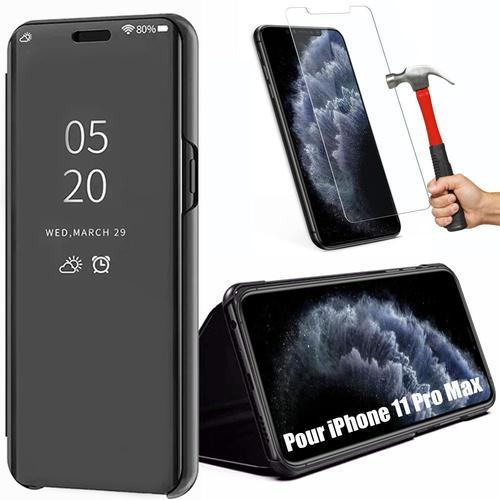 Coque Iphone 11 Pro Max (6.5"") Avec 2 Verres Trempés Protection Intégrale Effet Mirroir Smart Case Noir