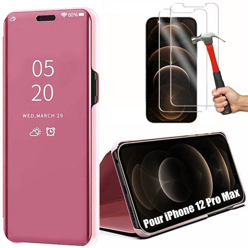 Coque Iphone 12 Pro Max (6.7"") Pack 2 Verres Trempés Face Effet Mirroir Rigide Souple Stable Rose