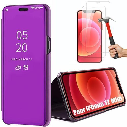 Coque Iphone 12 Mini (5.4"") Lot De 2 Verres Trempés Confortable Smart View 373 Degré Protection Violet