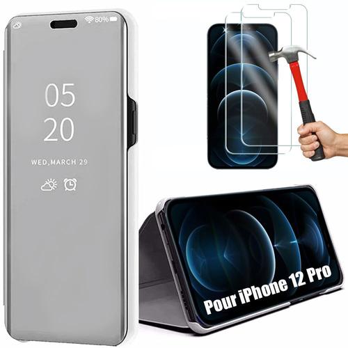 Coque Iphone 12 Pro (6.1"") Smart View Lot 2 Verres Trempés Protection Avant Et Derrière Souple Argente