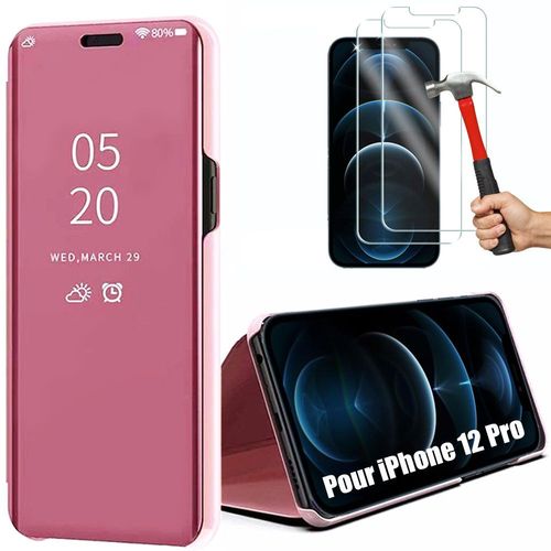 Coque Iphone 12 Pro (6.1"") Pack 2 Verres Trempés Face Effet Mirroir Rigide Souple Stable Rose