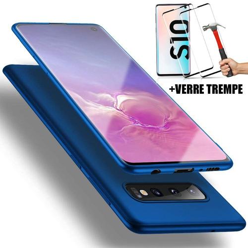 Coque Samsung S10 (6.1"") Pack 2 Verres Trempés Coque Silicone Liquide Anti-Chocs Protection Bleu