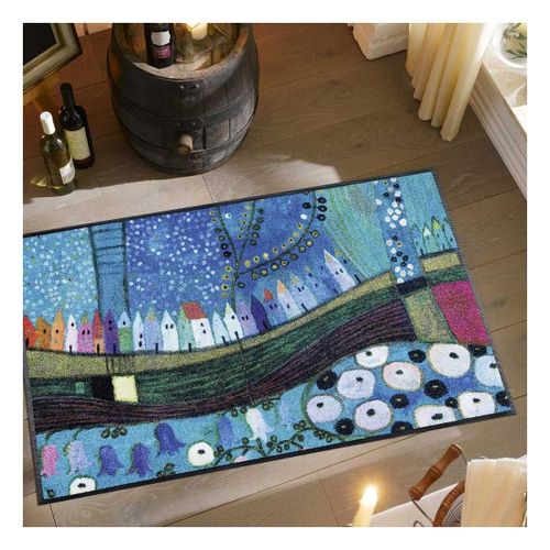 Paillasson 70x120 Tissé Motif Fresque Stadin Bleu