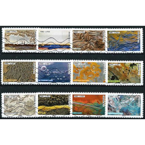 France 2018, Belle Série Complète 12 Timbres ?Uvres De La Nature, Yvert 1502 À 1513, Détail De Marbre, Lichen Crustacé Sur Roche, Bulles Dans La Glace, ..., Oblitérés Tbe -