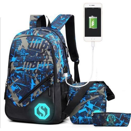 Sac à Dos+Sac Crayon+Petit sac à bandoulière Scolaire Cartable Sacs école Garçons Filles Voyage nuit lumineux USB Port de Charge