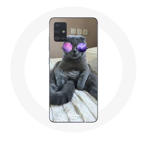 Coque Pour Samsung Galaxy A71 Chat Avec Lunettes De Vue Violettes