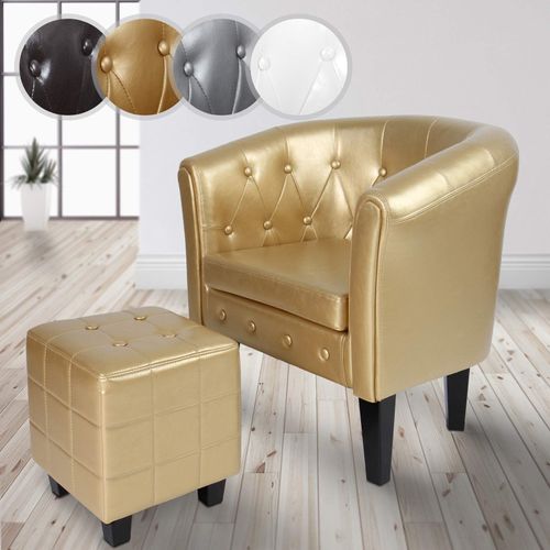 Miadomodo® Fauteuil Chesterfield Avec Repose-Pied - En Simili Cuir, Avec Éléments Décoratifs Touffetés, Doré - Chaise, Cabriolet, Tabouret Pouf, Meuble De Salon