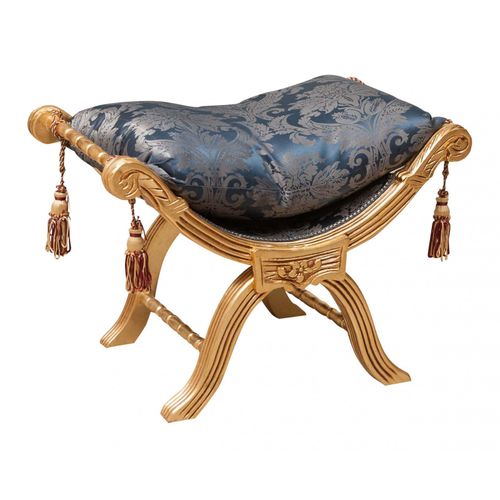Tabouret Faldistoire Louis Xvi De Style Français, En Hêtre Massif, Sculpté Et Fini À La Main Avec Patine En Feuille D'or