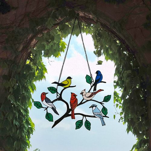 Panneau De Fenêtre En Métal, Vitrail Oiseaux Sur Branches, Décoration Suspendue, Multicolore, Décoration Pour La Maison