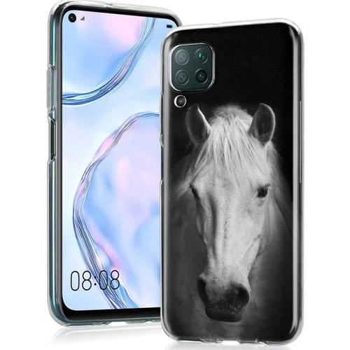 Huawei P40 Lite, Coque Huawei P40 Lite Cheval Noir Et Blanc - Coque En Silicone Motif Animaux - Compatible Huawei P40 Lite