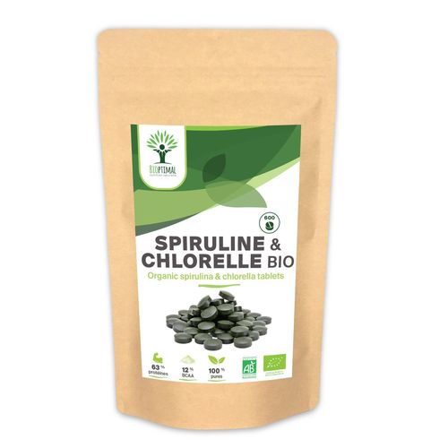 Spiruline + Chlorella Bio - Bioptimal - Complément Alimentaire - Multivitamines - Protéine Bcaa Fer Phycocyanine Chlorophylle - 500 Mg - Conditionné En France - Certifié Par Ecocert - 600 Comprimés 