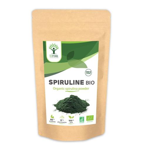 Spiruline Bio - Bioptimal - Complément Alimentaire - 65% Protéines 14% Bcaa 17% Phycocyanine - Energie Sport Immunité - 100% Spiruline Pure En Poudre - Conditionné En France - Certifié Ecocert - 100 G 