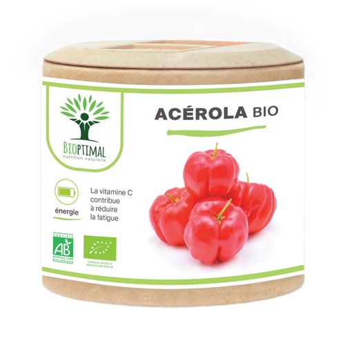 Acerola Bio - Bioptimal - Complément Alimentaire - Extrait D'acérola En Gélule - 17% De Vitamine C Biodisponible - Anti-Fatigue Immunité - Fabriqué In France - Certifié Par Ecocert - 60 Gélules 