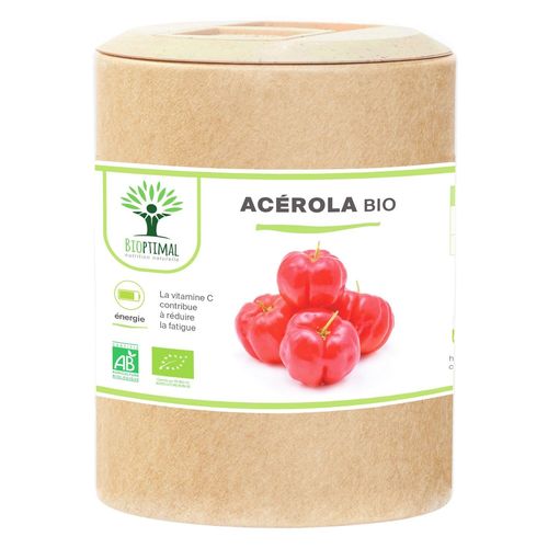 Acerola Bio - Bioptimal - Complément Alimentaire - Extrait D'acérola En Gélule - 17% De Vitamine C Biodisponible - Anti-Fatigue Immunité - Fabriqué In France - Certifié Par Ecocert - 200 Gélules 