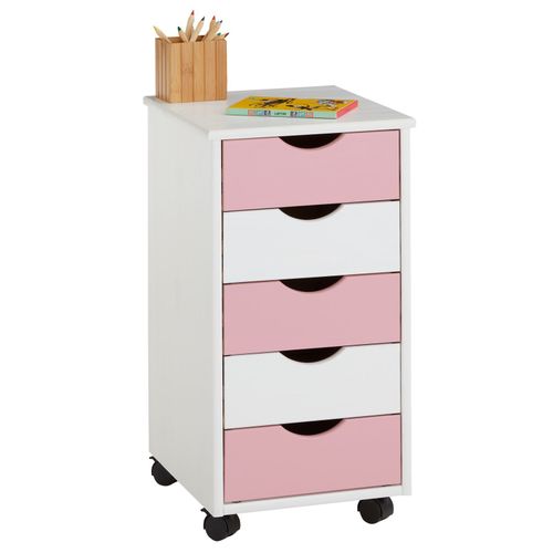 Caisson De Bureau Lagos Meuble De Rangement Sur Roulettes Avec 5 Tiroirs, En Pin Massif Lasur? Blanc Et Rose