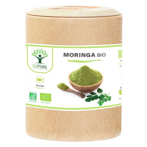 Moringa Bio - Bioptimal - Complément Alimentaire - Poudre De Moringa Oleifera Pur - Antioxydant Immunité Anti-Fatigue Vitamine A C E - Dose 300 Mg - Fabriqué En France - Certifié Ecocert - 200 Gélules 
